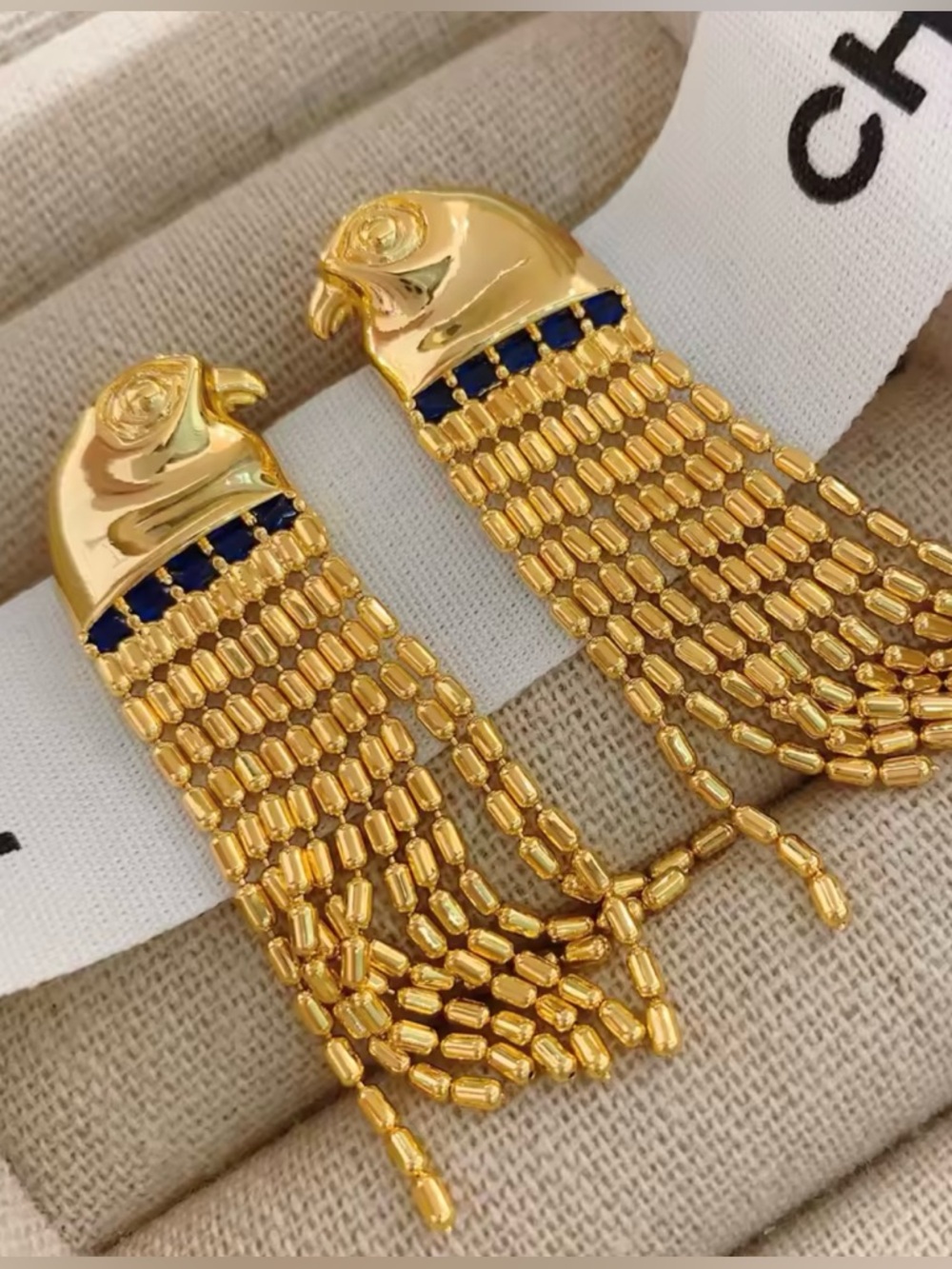 Gold and Navy Beaded Fringe Parrot Earrings
